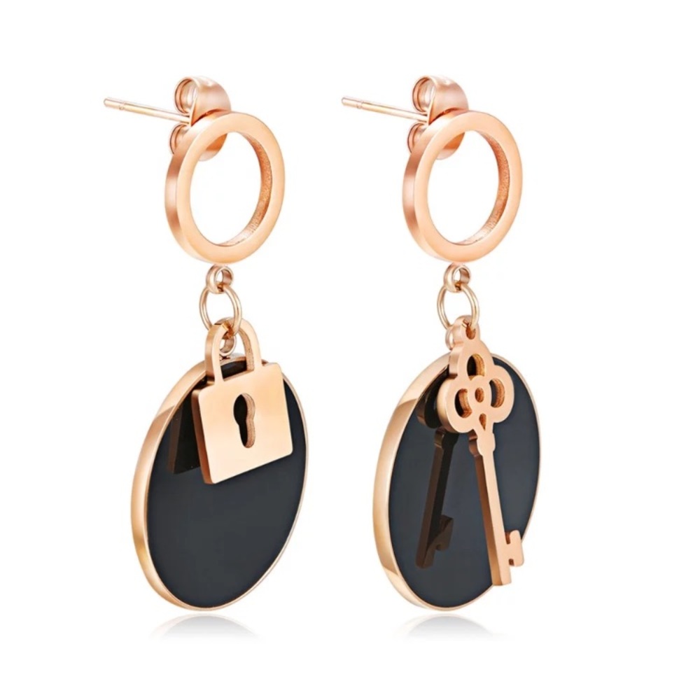 3/$30 Rose Gold Plated Lock & Key Dangle Earrings